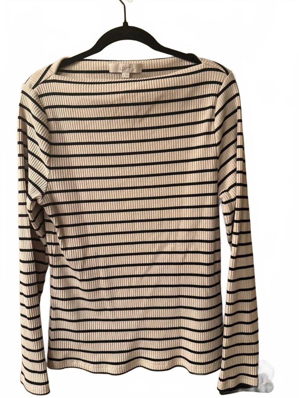 LOFT Women's Long Sleeve Ribbed Striped Top, Cream and Black, Size Small